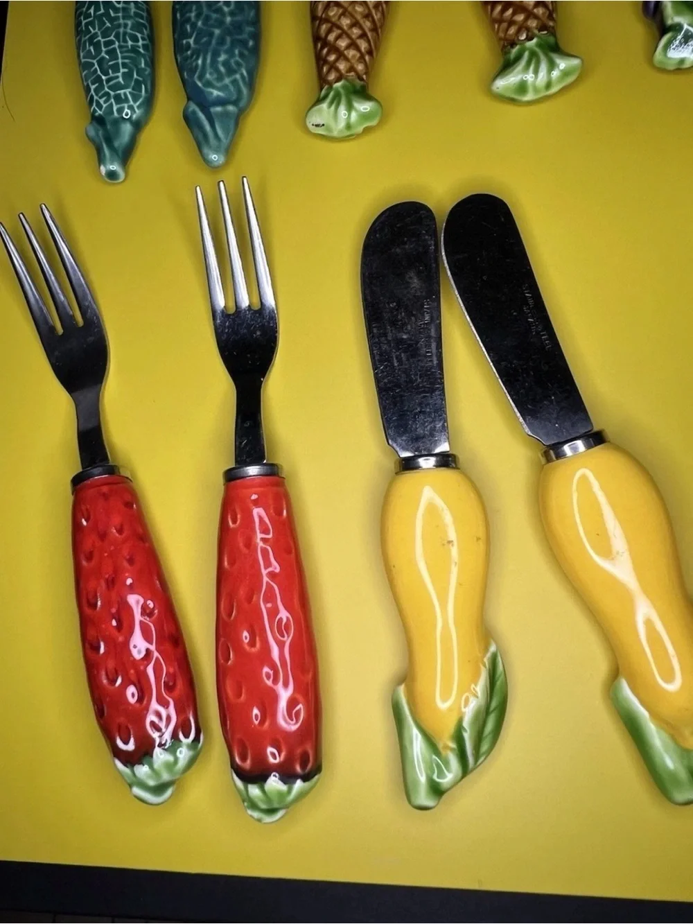 Vintage Japan Fruit Handle Flatware Set Ceramic Knives Forks Stainless Steel